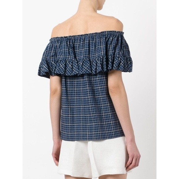 HACHE Ruffle Off The Shoulder Plaid Cotton Blouse Top Blue Small / IT40 - Picture 2 of 7